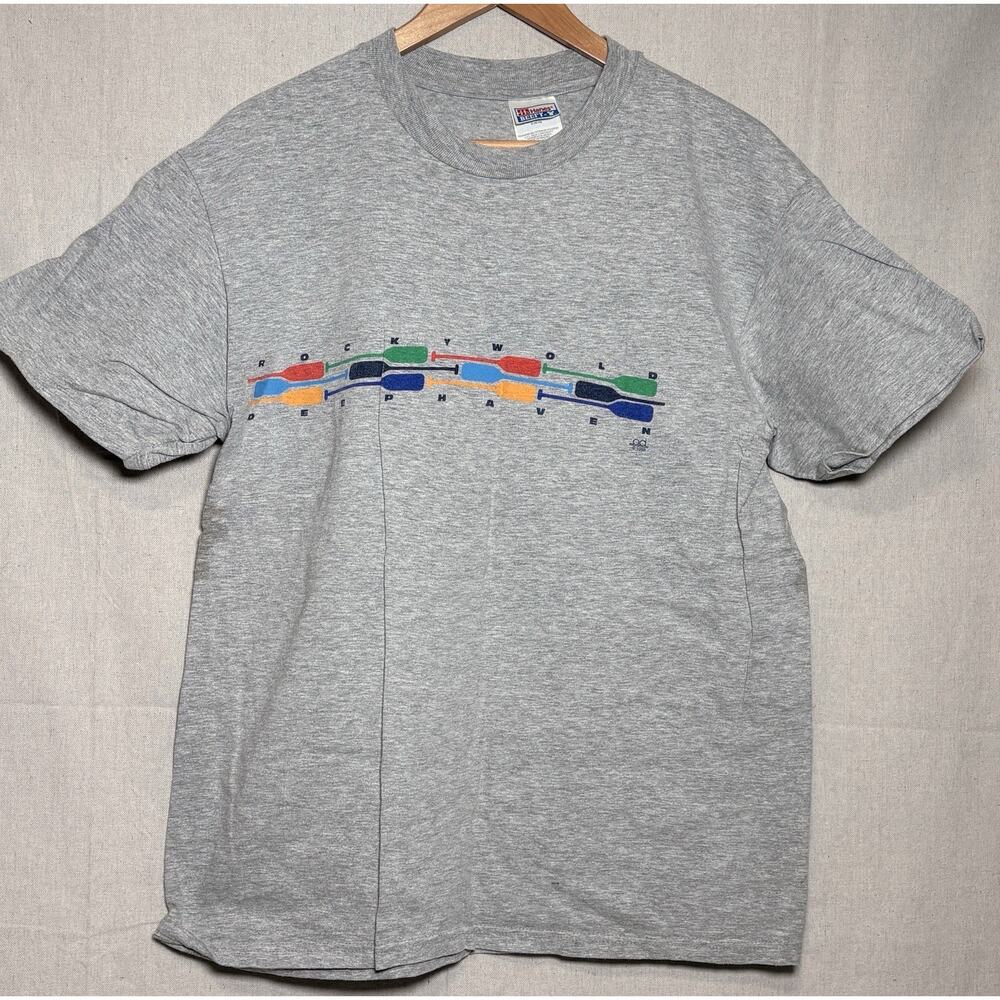 Vintage 1998 T-Shirt Rockyworld Deephaven Camp NH Gray Sz Large Hanes Squam Lake